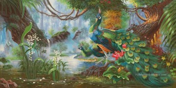 Animaux œuvres - Paons dans les oiseaux de fleur forêt fleurs arbres